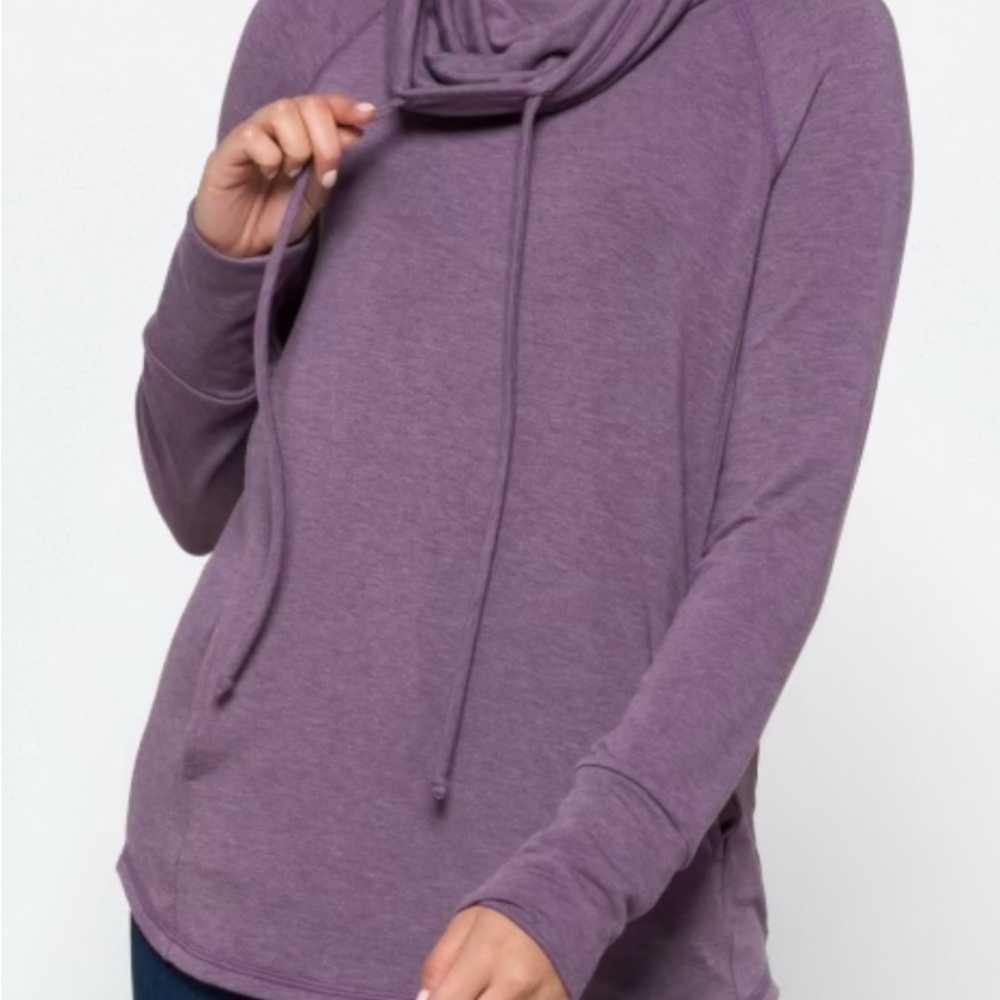 Purple Cowl Neck Sweatshirt with Adjustable Neckline and Pockets